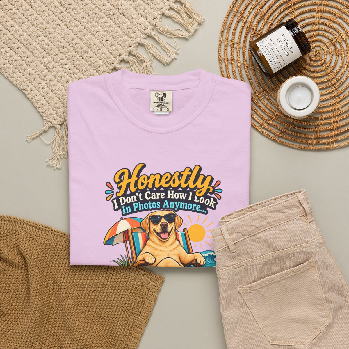 Honestly I Don’t Care How I Look In Photos Anymore T-Shirt — Funny Beach Dog Graphic Tee