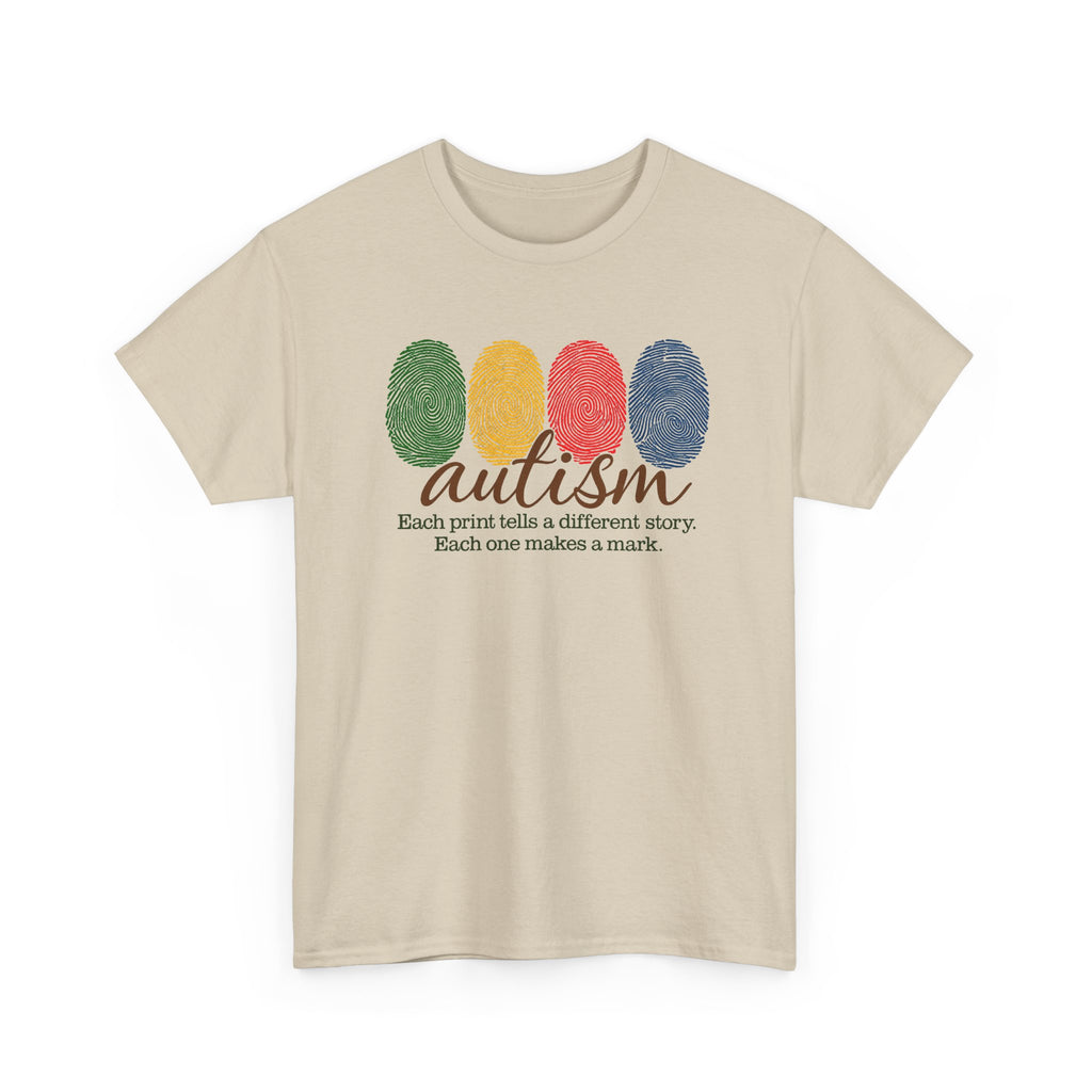 Autism Awareness T-Shirt — "Each Print Tells a Different Story" Colorful Fingerprint Tee