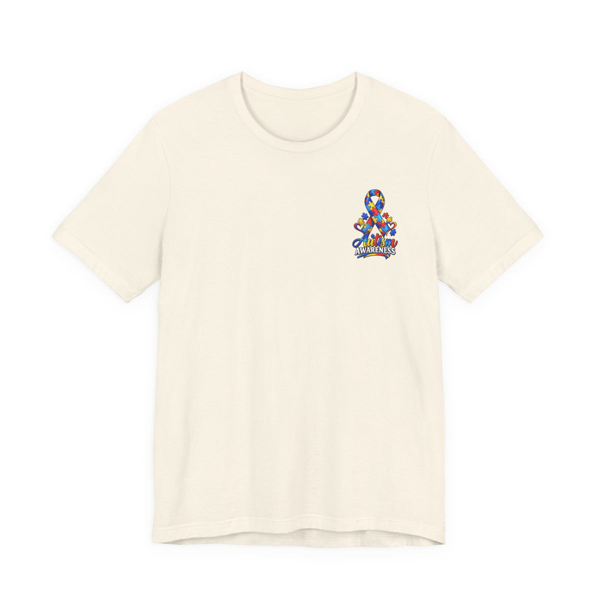 Autism Awareness Ribbon Chest Tee — 'Different, Not Less' Short Sleeve T-Shirt