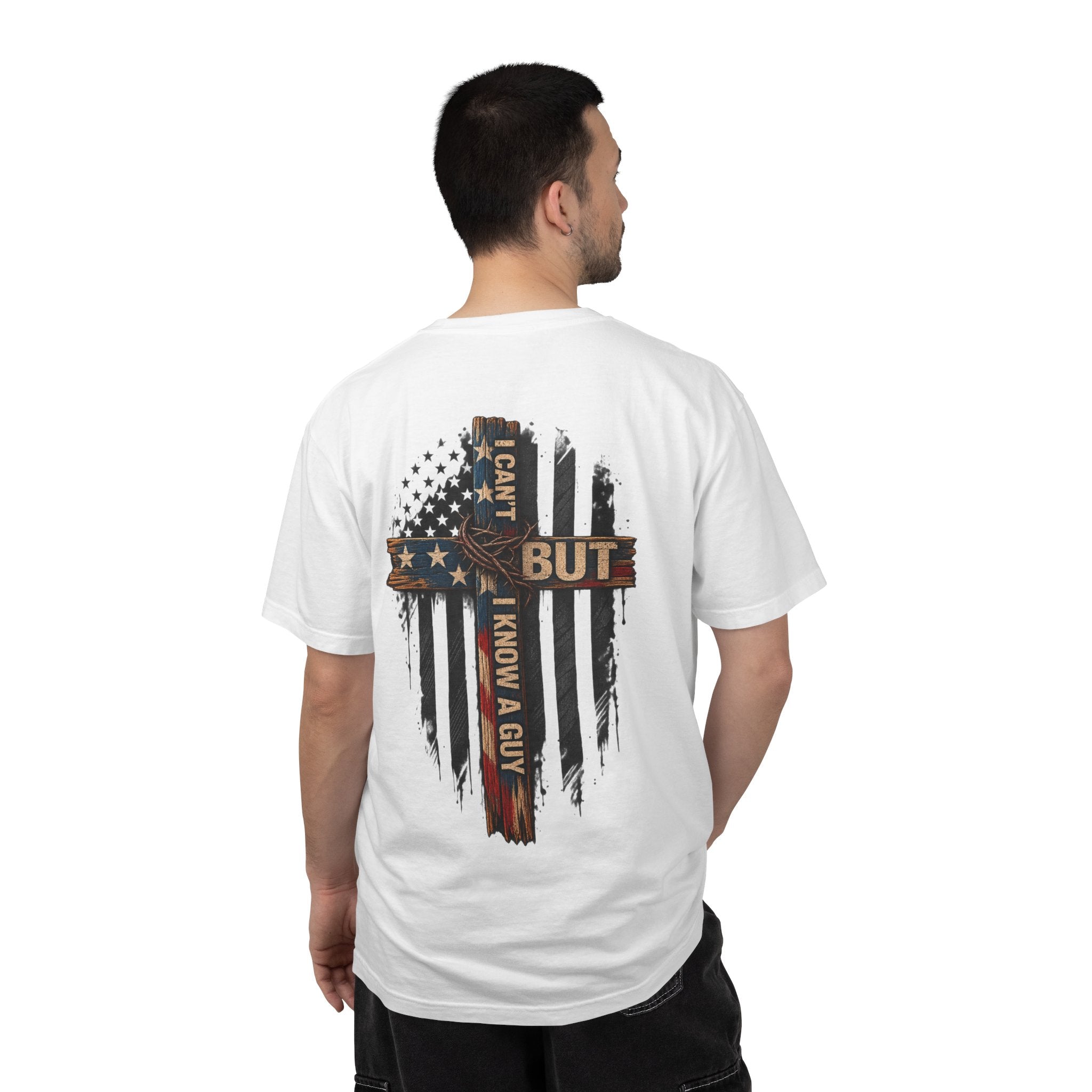 T-Shirt — 'I Can't But I Know A Guy' American Flag Cross Graphic