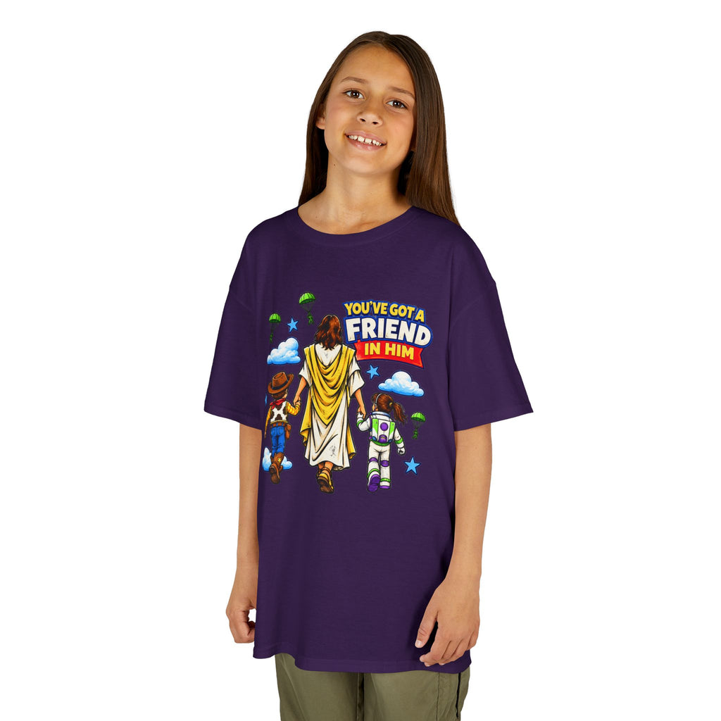 Kids Tee — "You've Gotta Friend in Him" Inspirational Jesus & Toy Friends Graphic