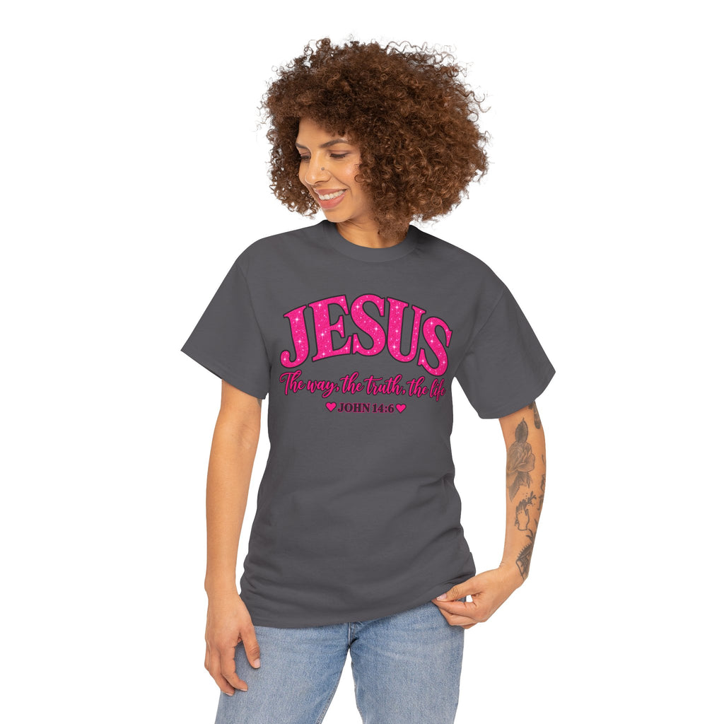 Christian T-Shirt — "JESUS The way, the truth, the life" (John 14:6) Pink Vintage Script
