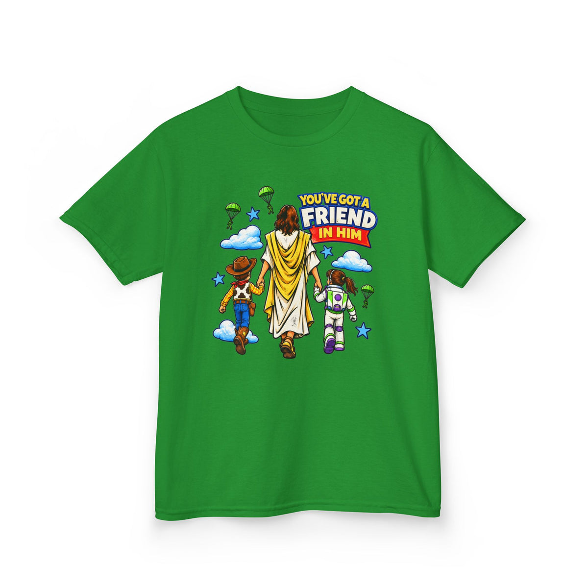 Kids Tee — "You've Gotta Friend in Him" Inspirational Jesus & Toy Friends Graphic
