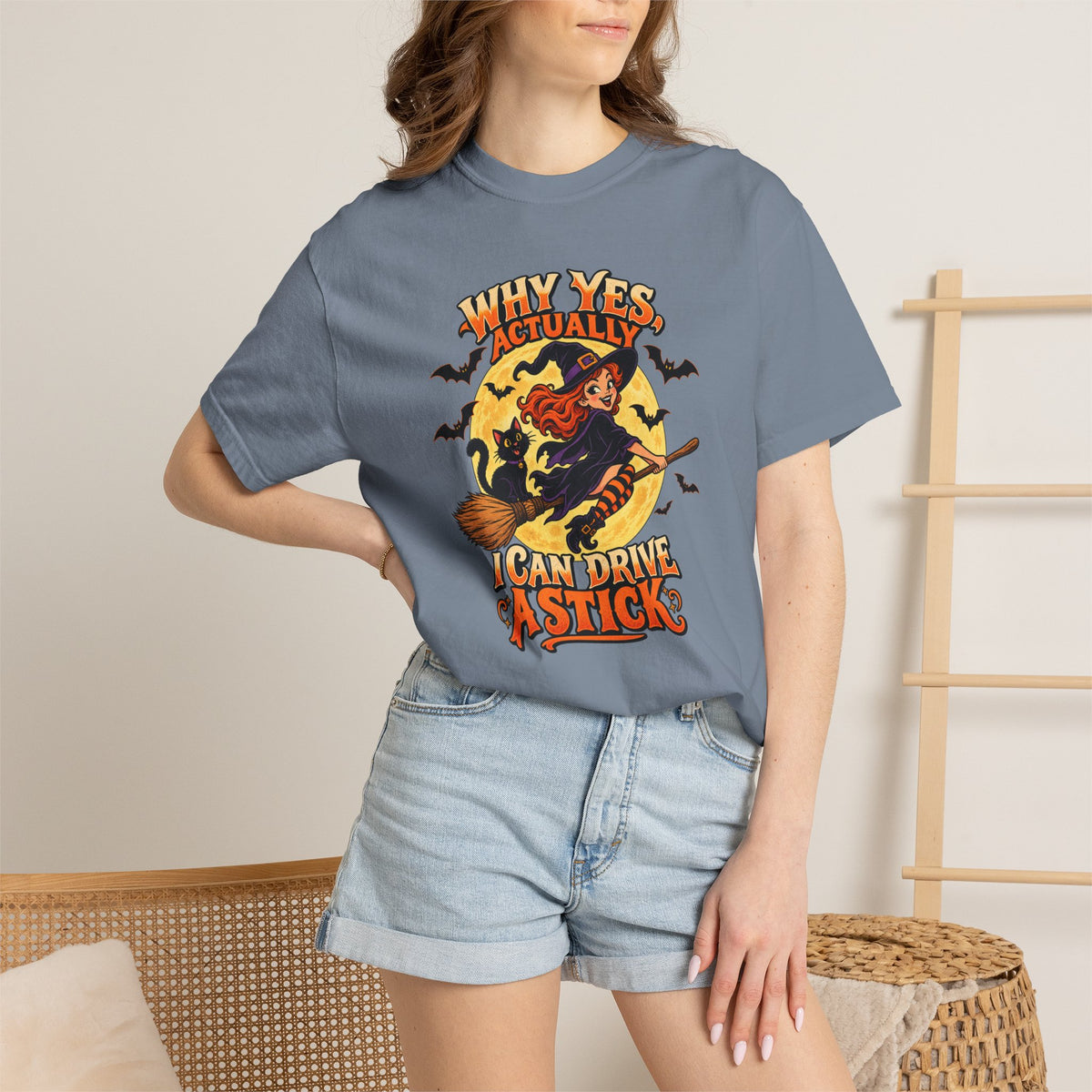Witch Broom Halloween T-Shirt — "Why Yes Actually I Can Drive A Stick"