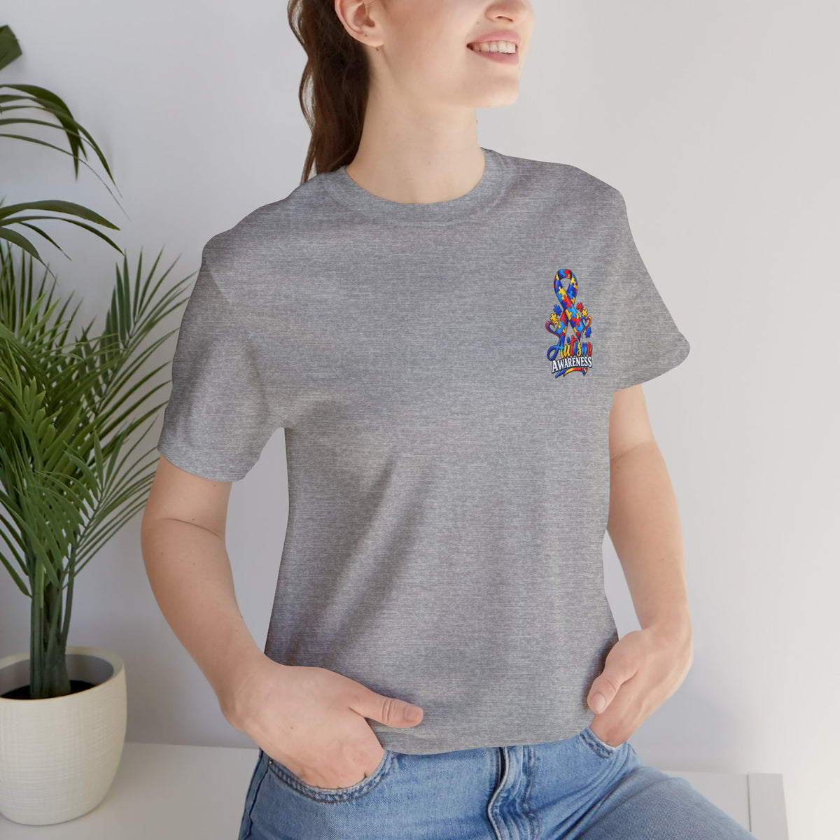 Autism Awareness Ribbon Chest Tee — 'Different, Not Less' Short Sleeve T-Shirt