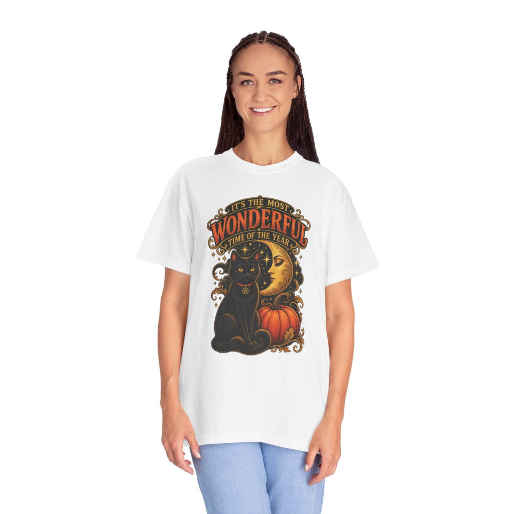 T-Shirt — "It's the Most Wonderful Time of the Year" Halloween Black Cat & Pumpkin