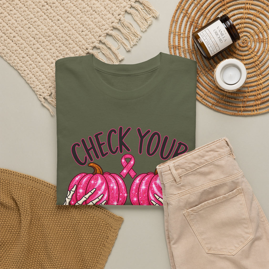 Breast Cancer Awareness T-Shirt — "Check Your Pumpkins for Lumps" Pink Ribbon Tee