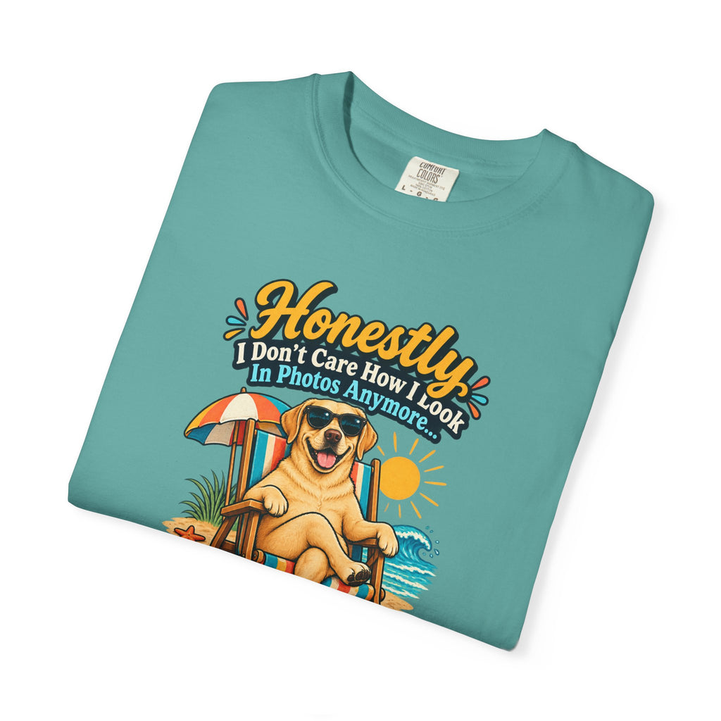 Honestly I Don’t Care How I Look In Photos Anymore T-Shirt — Funny Beach Dog Graphic Tee