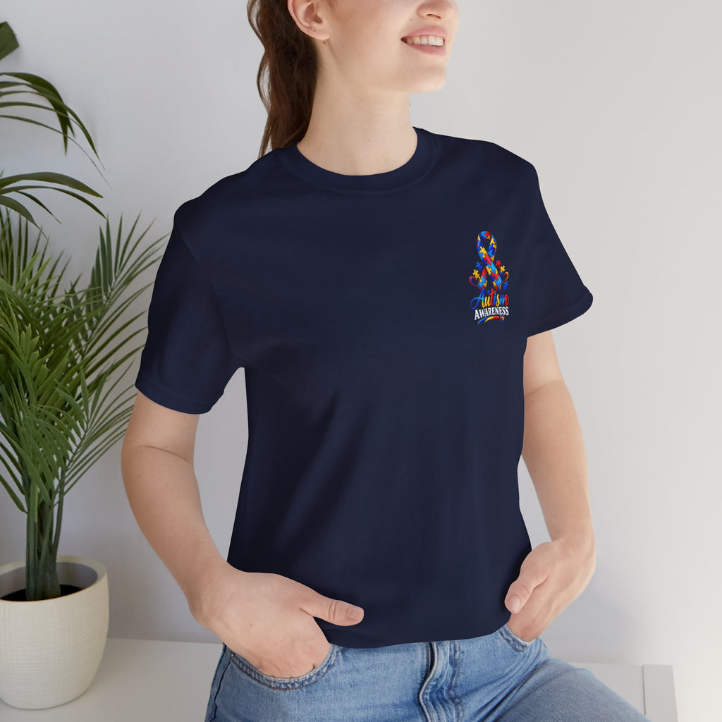 Autism Awareness Ribbon Chest Tee — 'Different, Not Less' Short Sleeve T-Shirt
