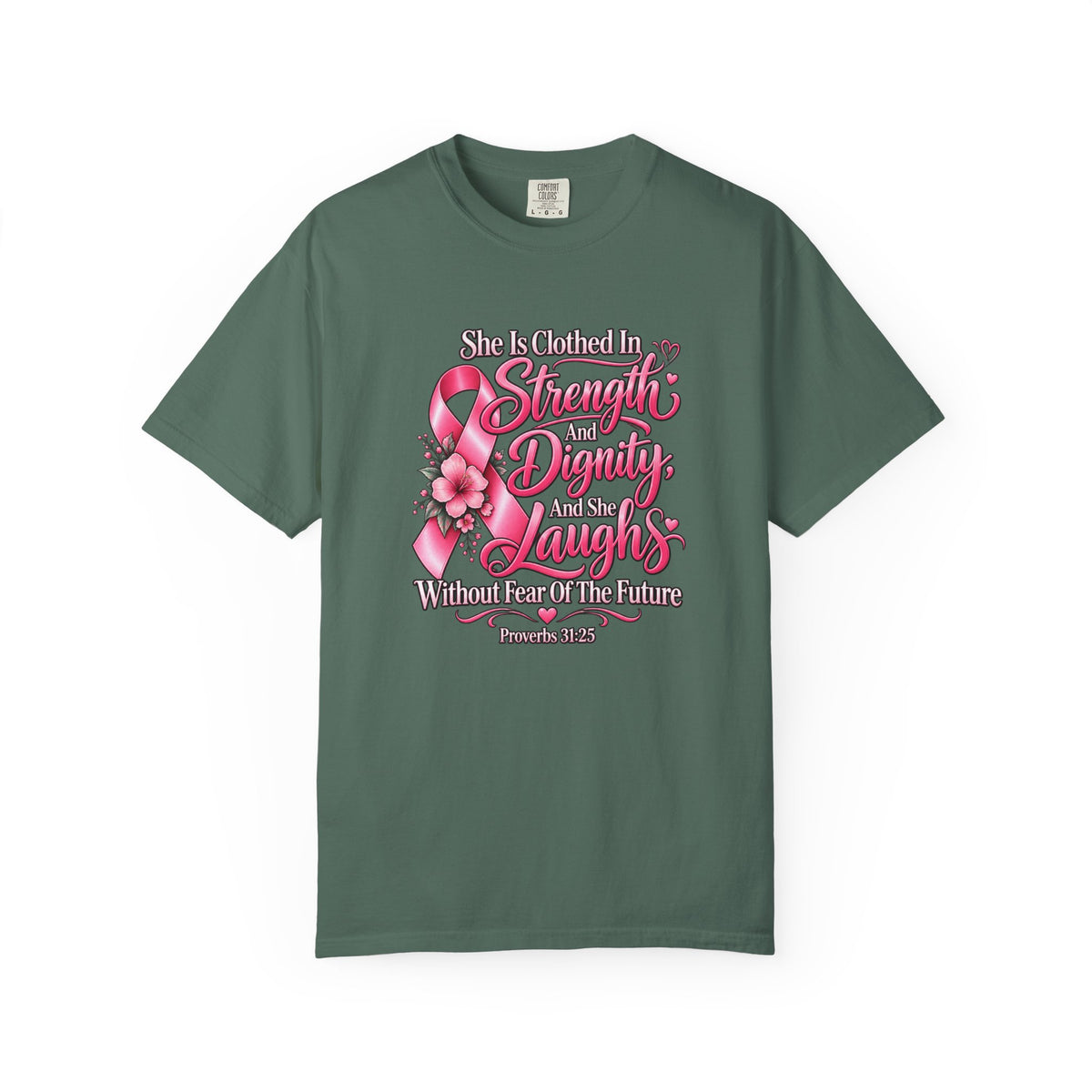 Breast Cancer Awareness T-Shirt — "She is Clothed in Strength" Pink Ribbon Tee