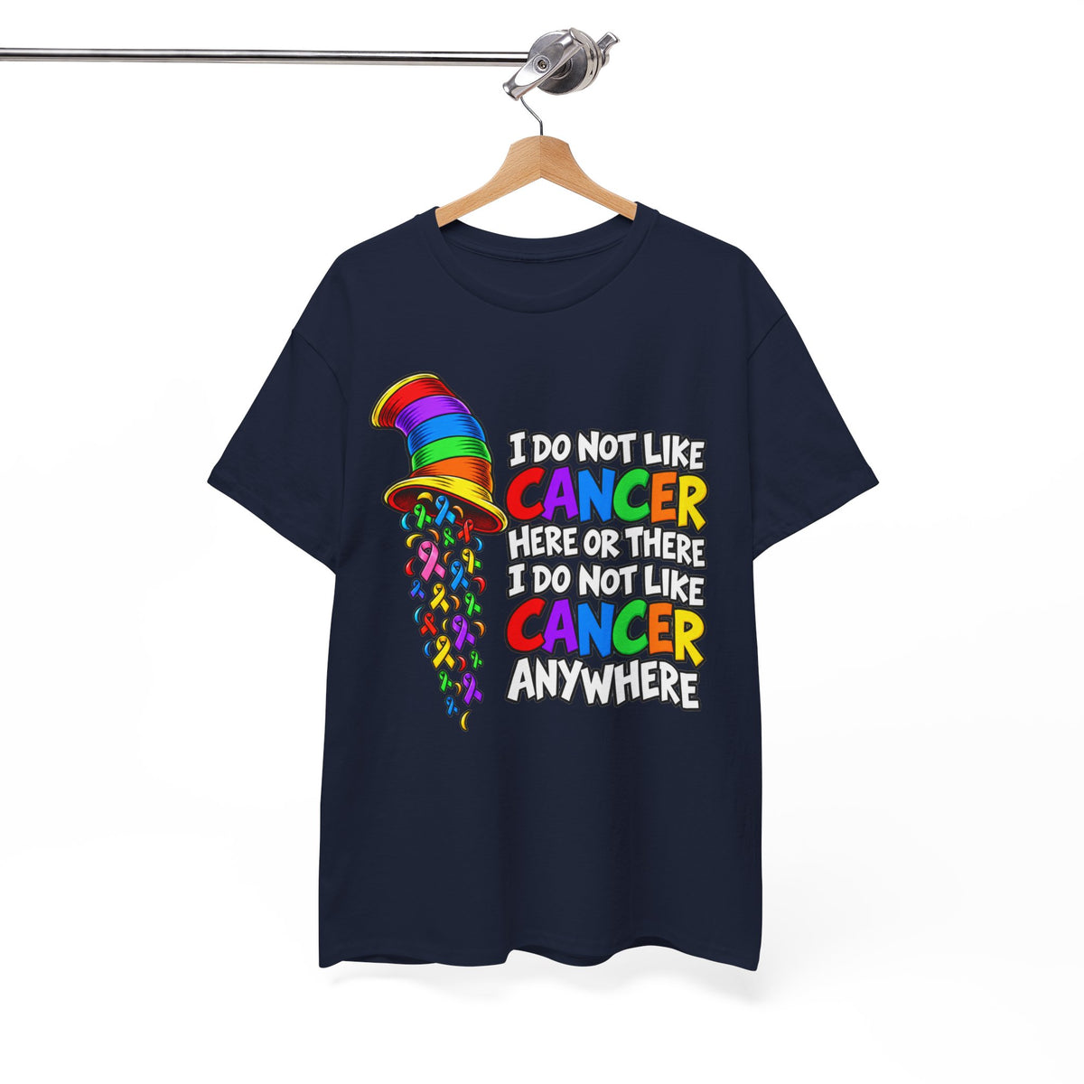 Cancer Awareness T-Shirt — “I Do Not Like Cancer Here or There” Rainbow Ribbon Tee
