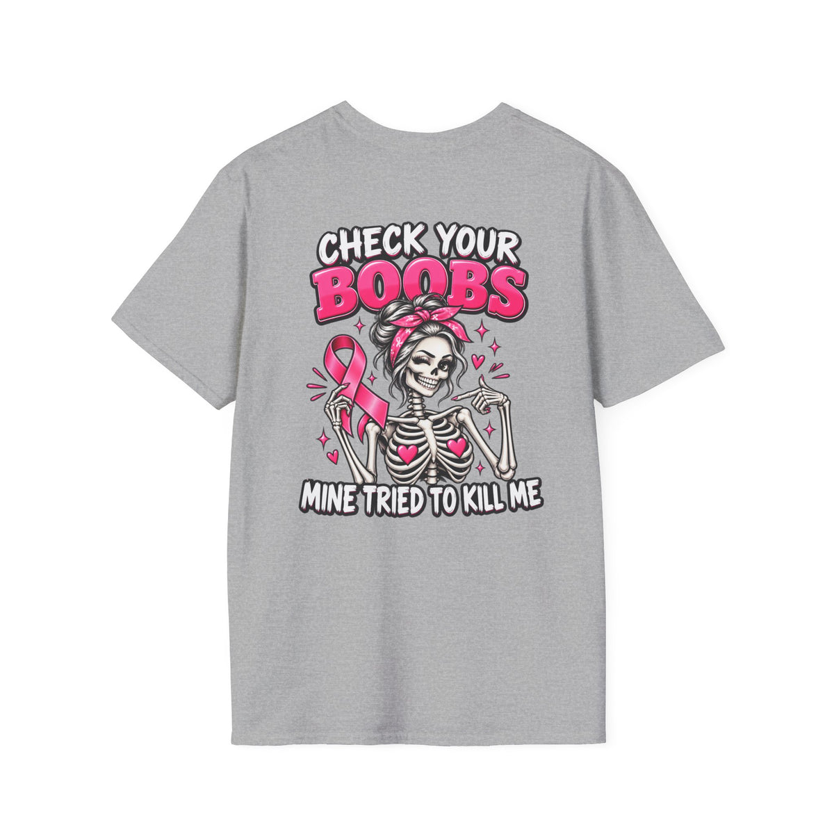 Breast Cancer Awareness T-Shirt — “Check Your Boobs, Mine Tried to Kill Me” Graphic Tee