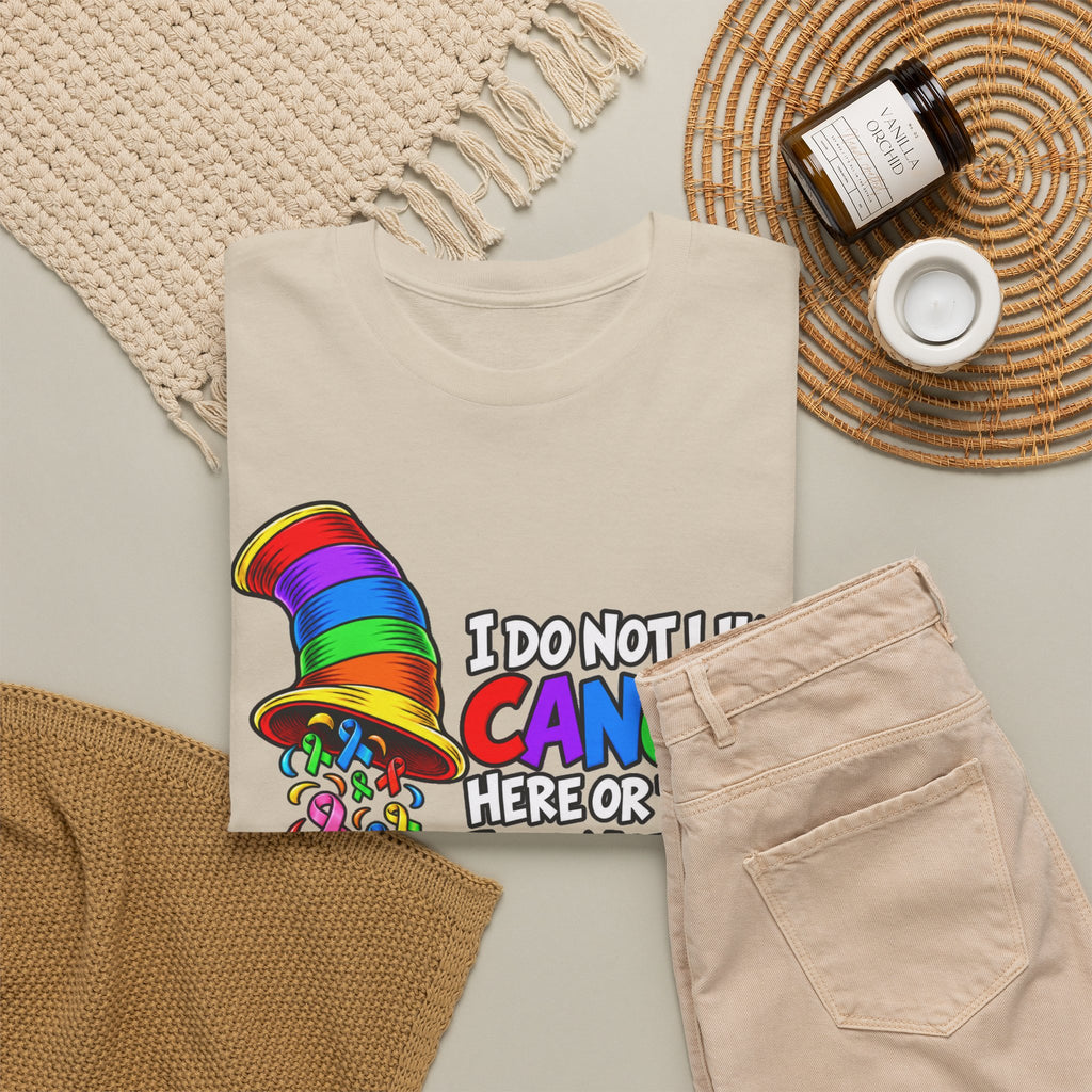 Cancer Awareness T-Shirt — “I Do Not Like Cancer Here or There” Rainbow Ribbon Tee