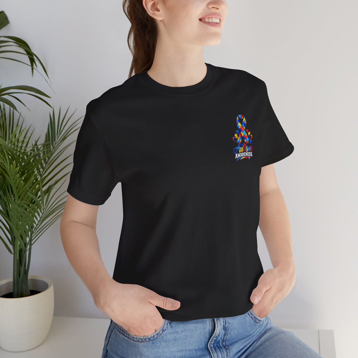 Autism Awareness Ribbon Chest Tee — 'Different, Not Less' Short Sleeve T-Shirt