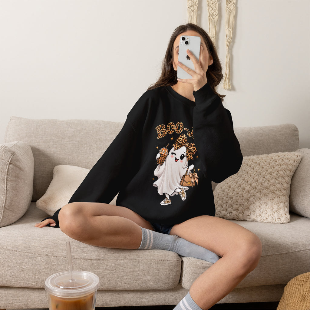 Boo-Jee Leopard Ghost Sweatshirt — Cute Halloween Graphic Crewneck