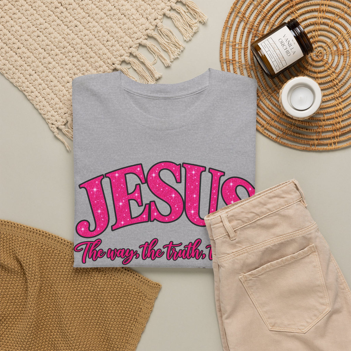 Christian T-Shirt — "JESUS The way, the truth, the life" (John 14:6) Pink Vintage Script
