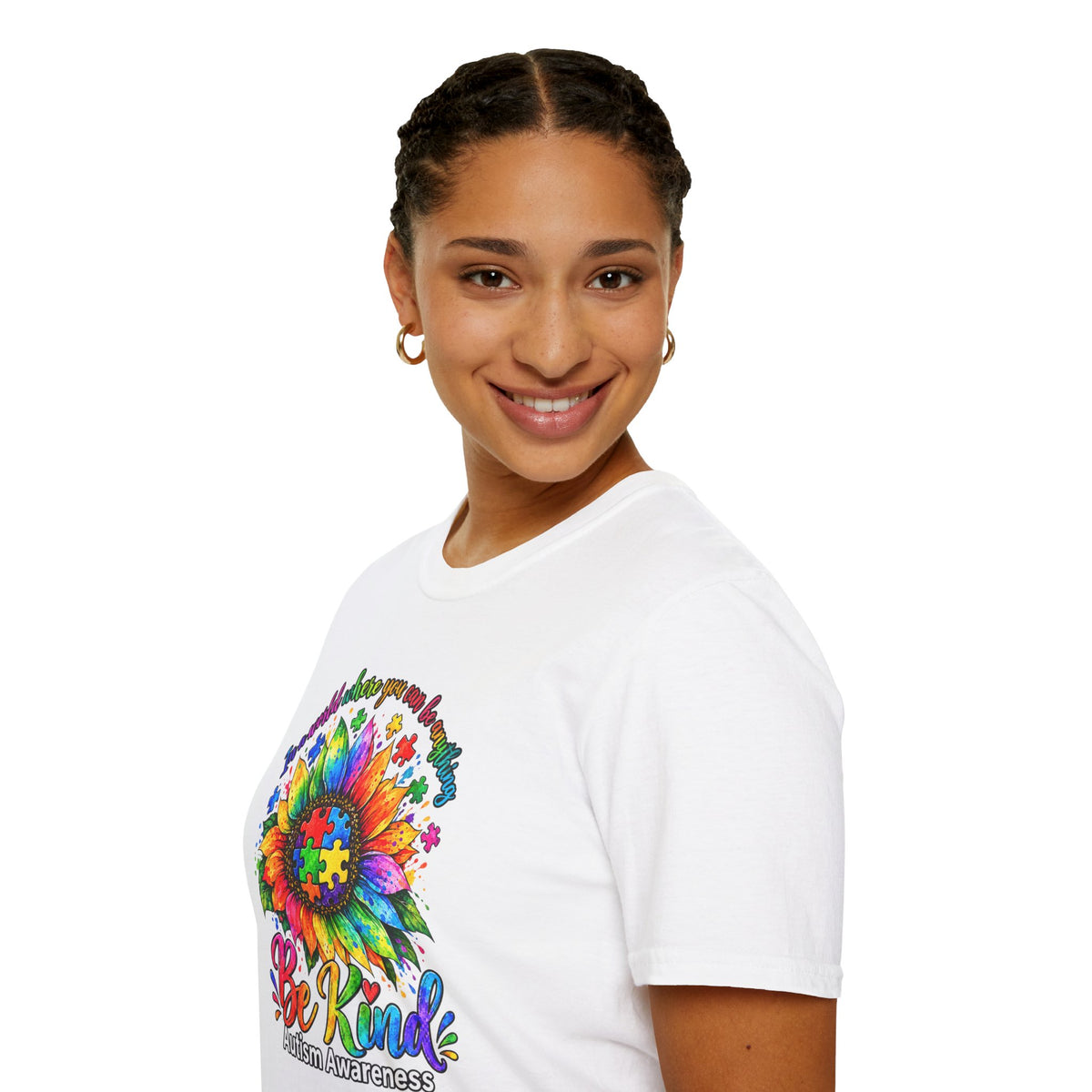 Autism Awareness Sunflower T-Shirt — 'Be Kind' Rainbow Puzzle Design