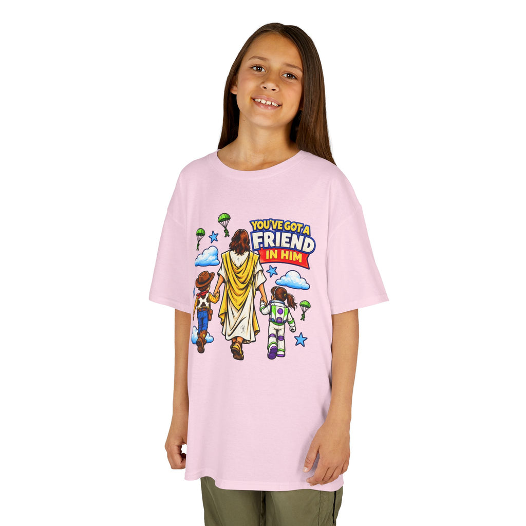 Kids Tee — "You've Gotta Friend in Him" Inspirational Jesus & Toy Friends Graphic