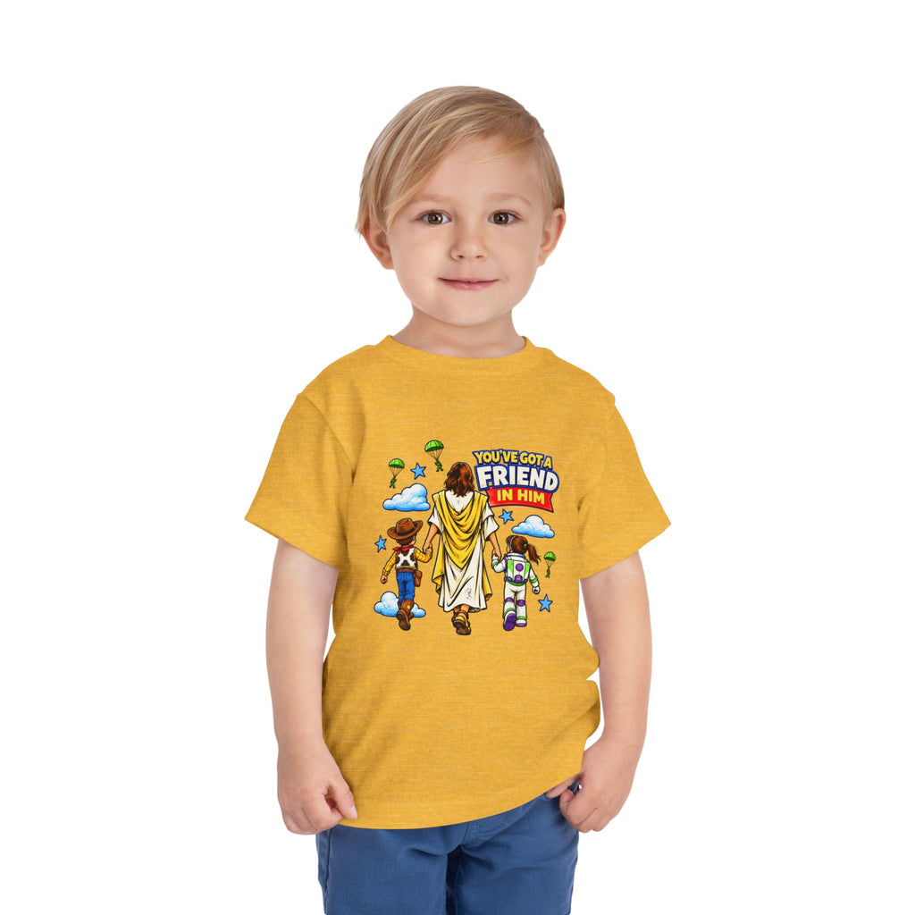 Toddler Tee — "You’ve Got a Friend in Him" Cartoon Faith & Toy Heroes Shirt