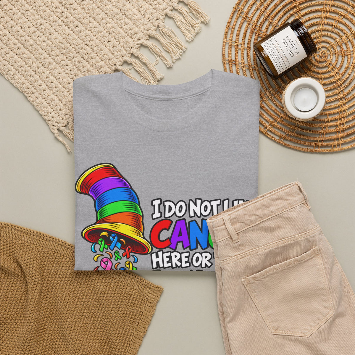 Cancer Awareness T-Shirt — “I Do Not Like Cancer Here or There” Rainbow Ribbon Tee