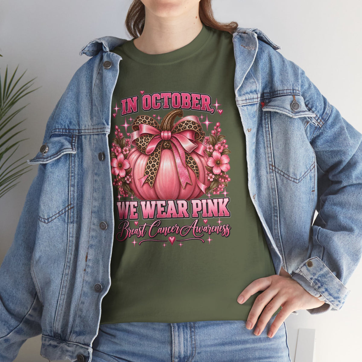 Breast Cancer Awareness T-Shirt — "In October We Wear Pink" Pumpkin Design