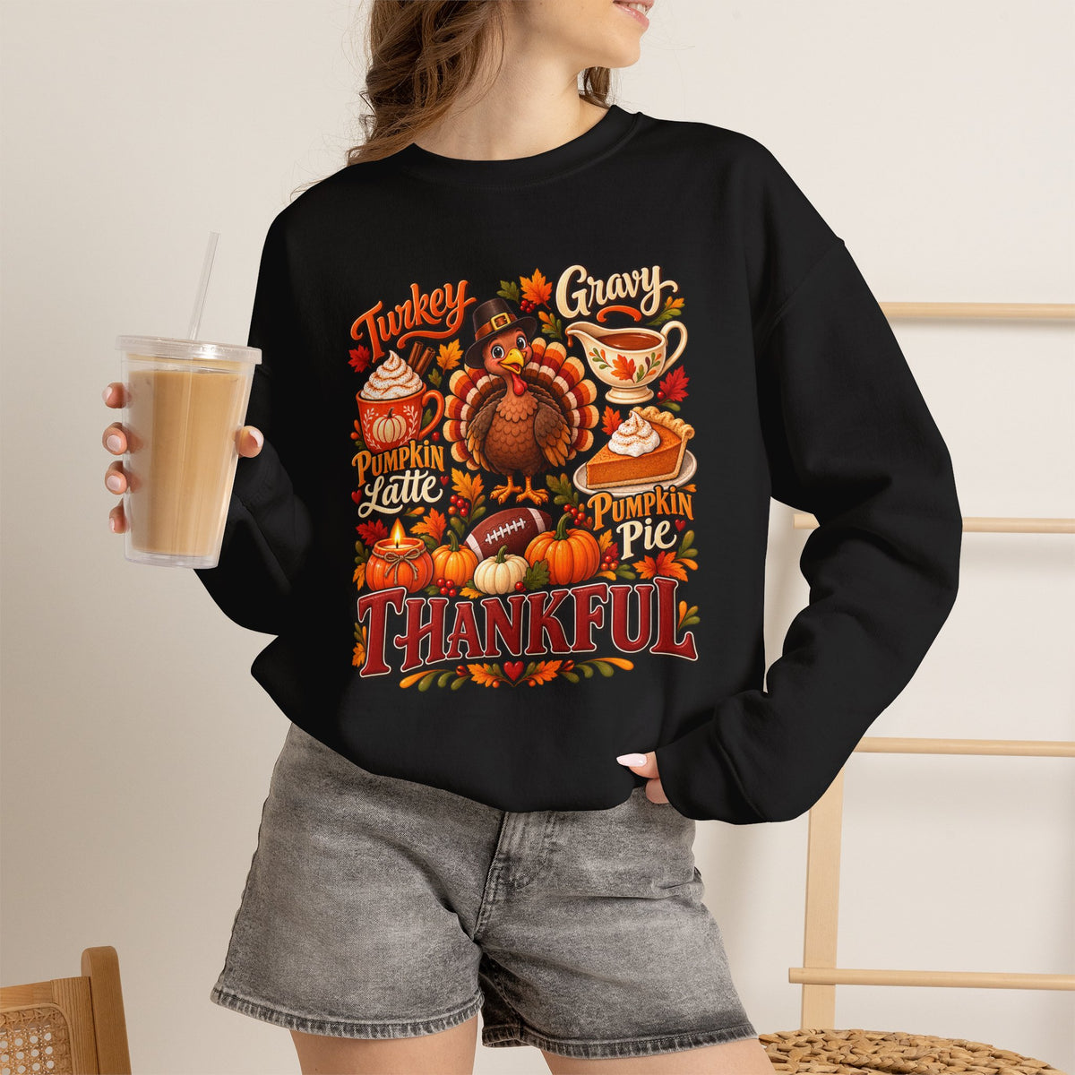 Thankful Thanksgiving Sweatshirt — Cute Turkey & Fall Harvest Crewneck