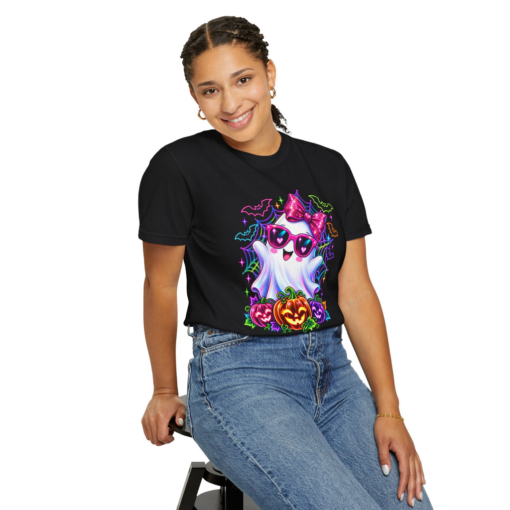 Cute Halloween Ghost T-Shirt — Pink Bow Ghost with Sunglasses & Pumpkins