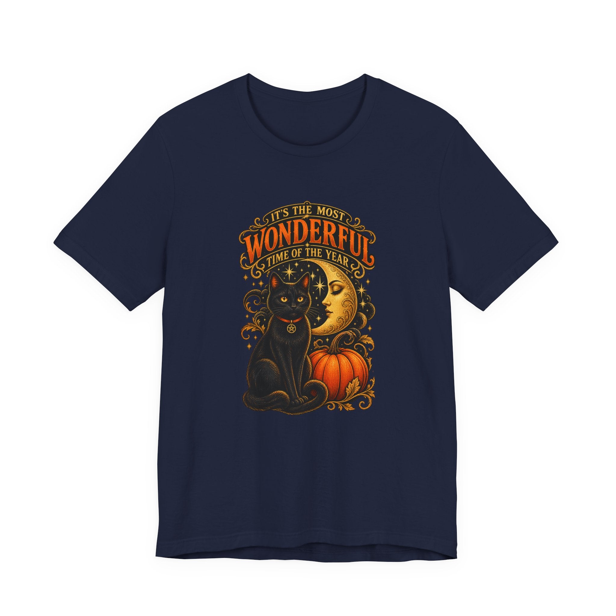 Halloween Cat Tee — "It's the Most Wonderful Time of the Year" Pumpkin & Moon Shirt