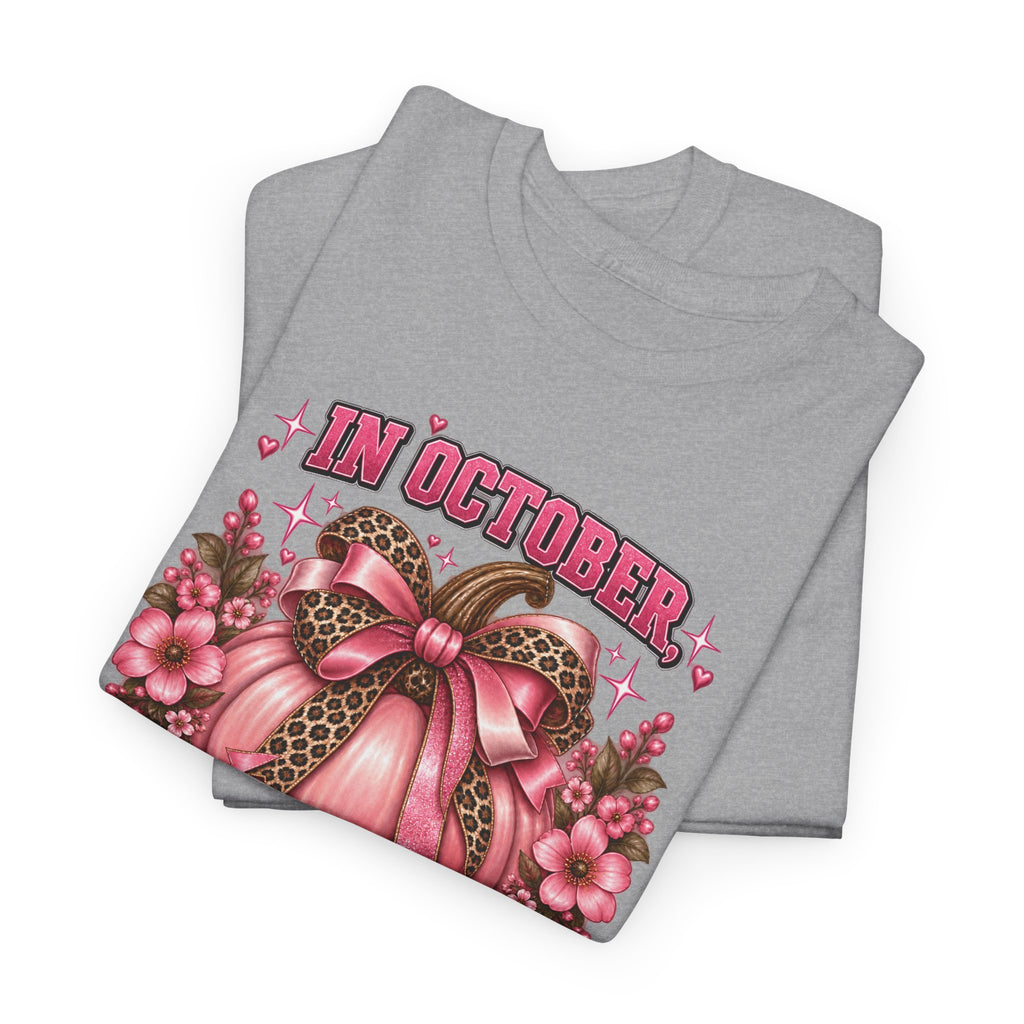 Breast Cancer Awareness T-Shirt — "In October We Wear Pink" Pumpkin Design