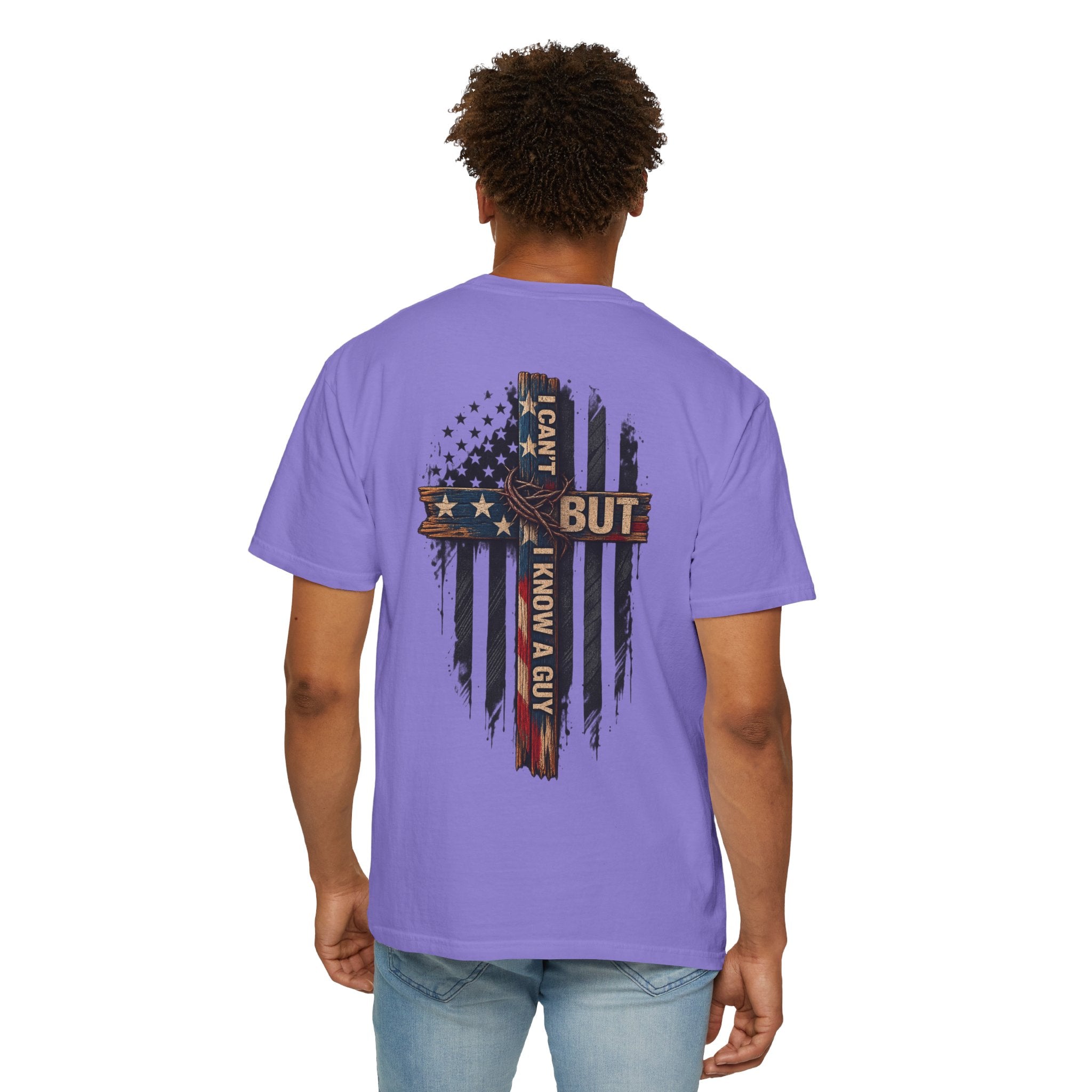 T-Shirt — 'I Can't But I Know A Guy' American Flag Cross Graphic