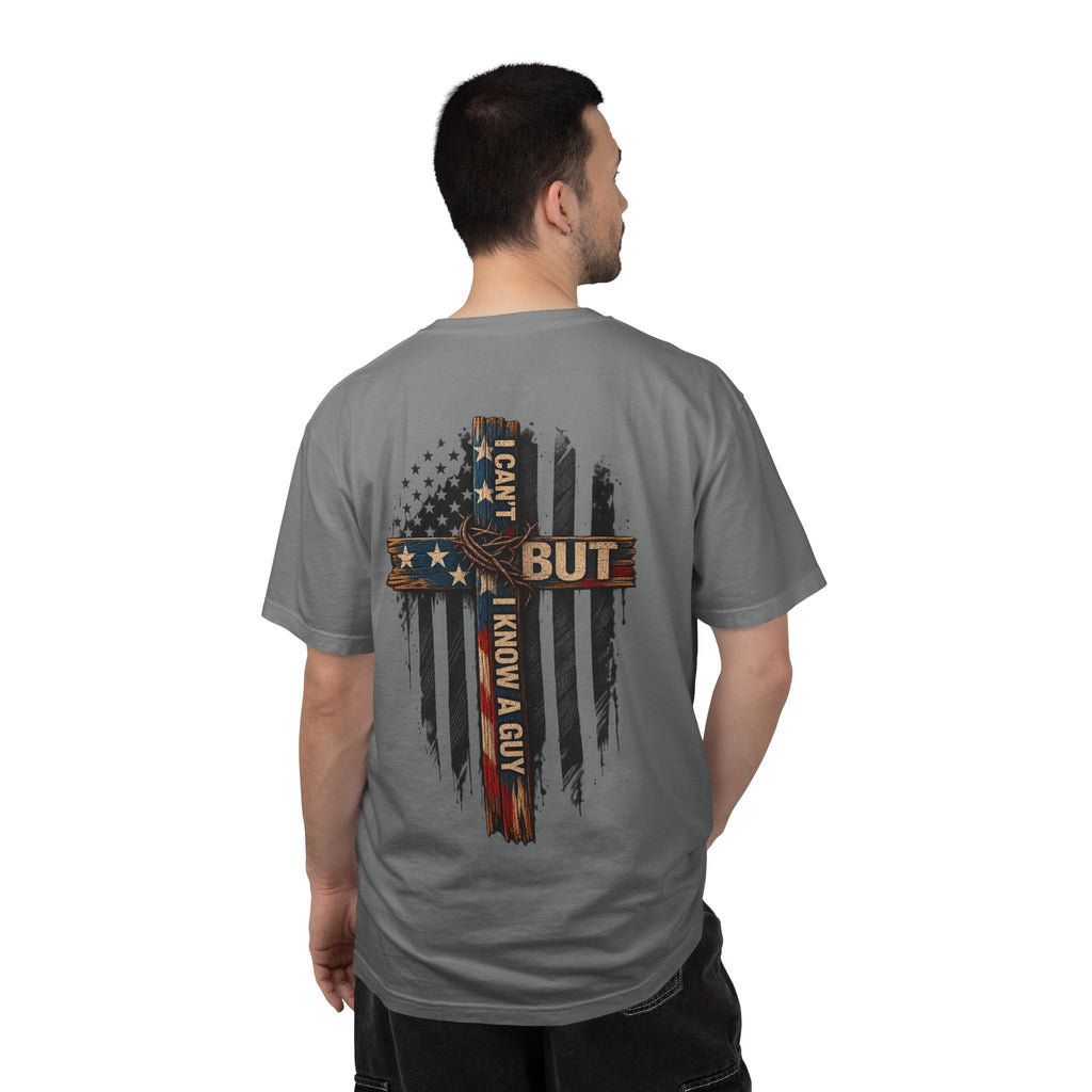 T-Shirt — 'I Can't But I Know A Guy' American Flag Cross Graphic