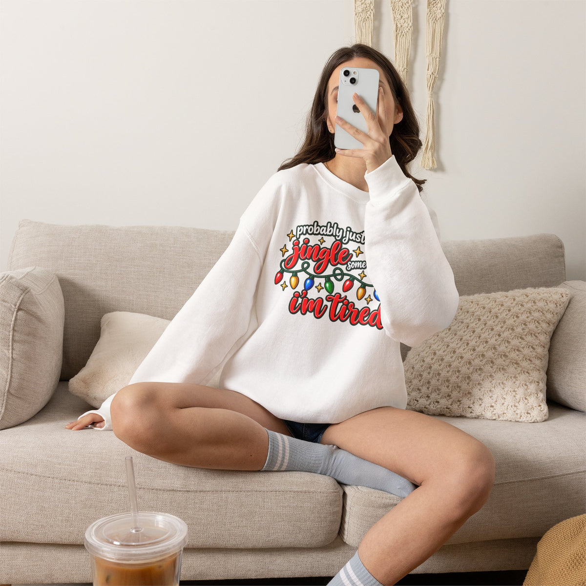 Crewneck Sweatshirt - "Probably Just Gonna Jingle Some of the Way I'm Tired" Christmas Lights Graphic