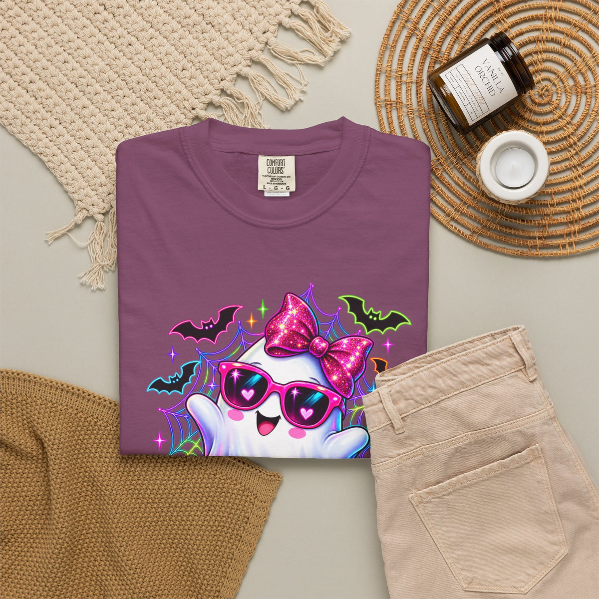 Cute Halloween Ghost T-Shirt — Pink Bow Ghost with Sunglasses & Pumpkins