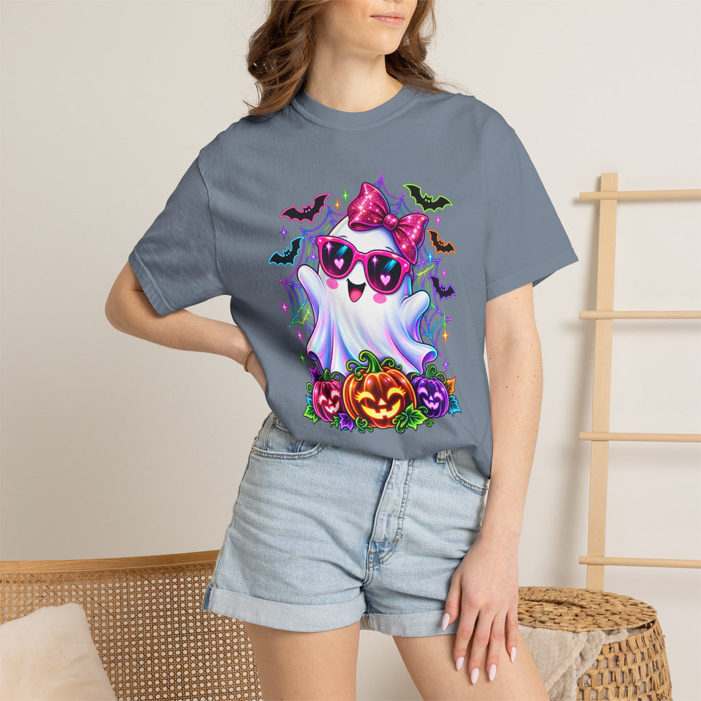 Cute Halloween Ghost T-Shirt — Pink Bow Ghost with Sunglasses & Pumpkins