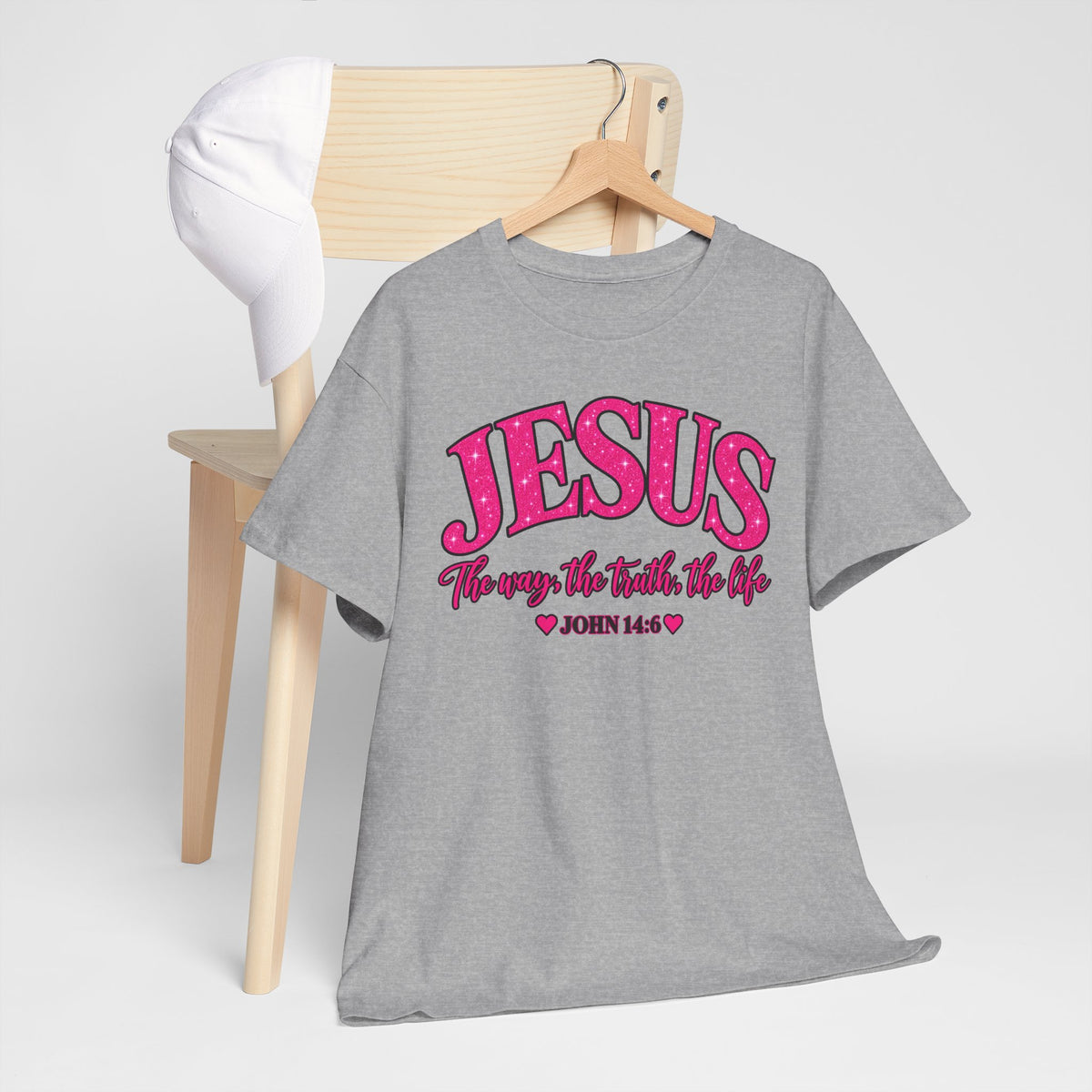 Christian T-Shirt — "JESUS The way, the truth, the life" (John 14:6) Pink Vintage Script
