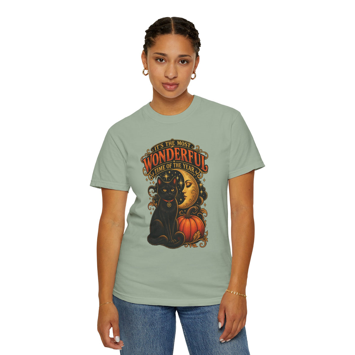 T-Shirt — "It's the Most Wonderful Time of the Year" Halloween Black Cat & Pumpkin