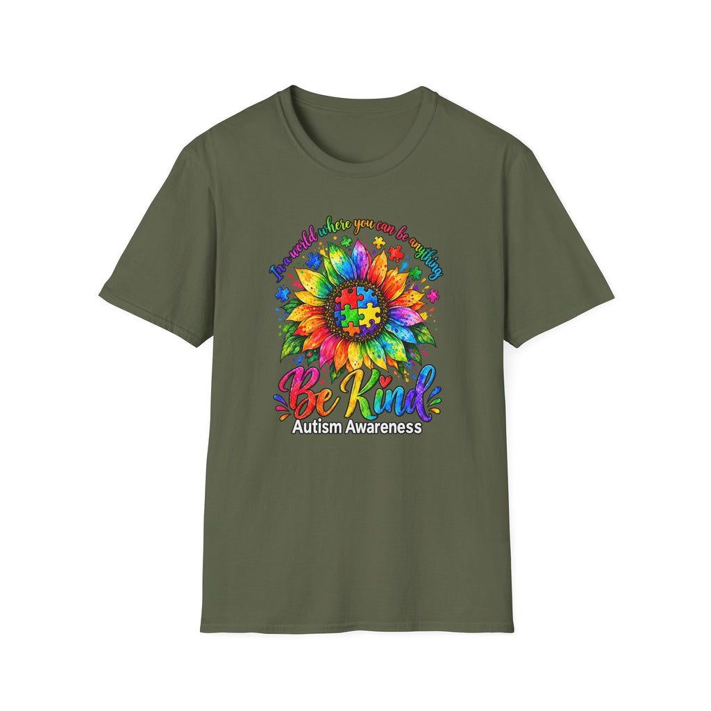 Autism Awareness Sunflower T-Shirt — 'Be Kind' Rainbow Puzzle Design
