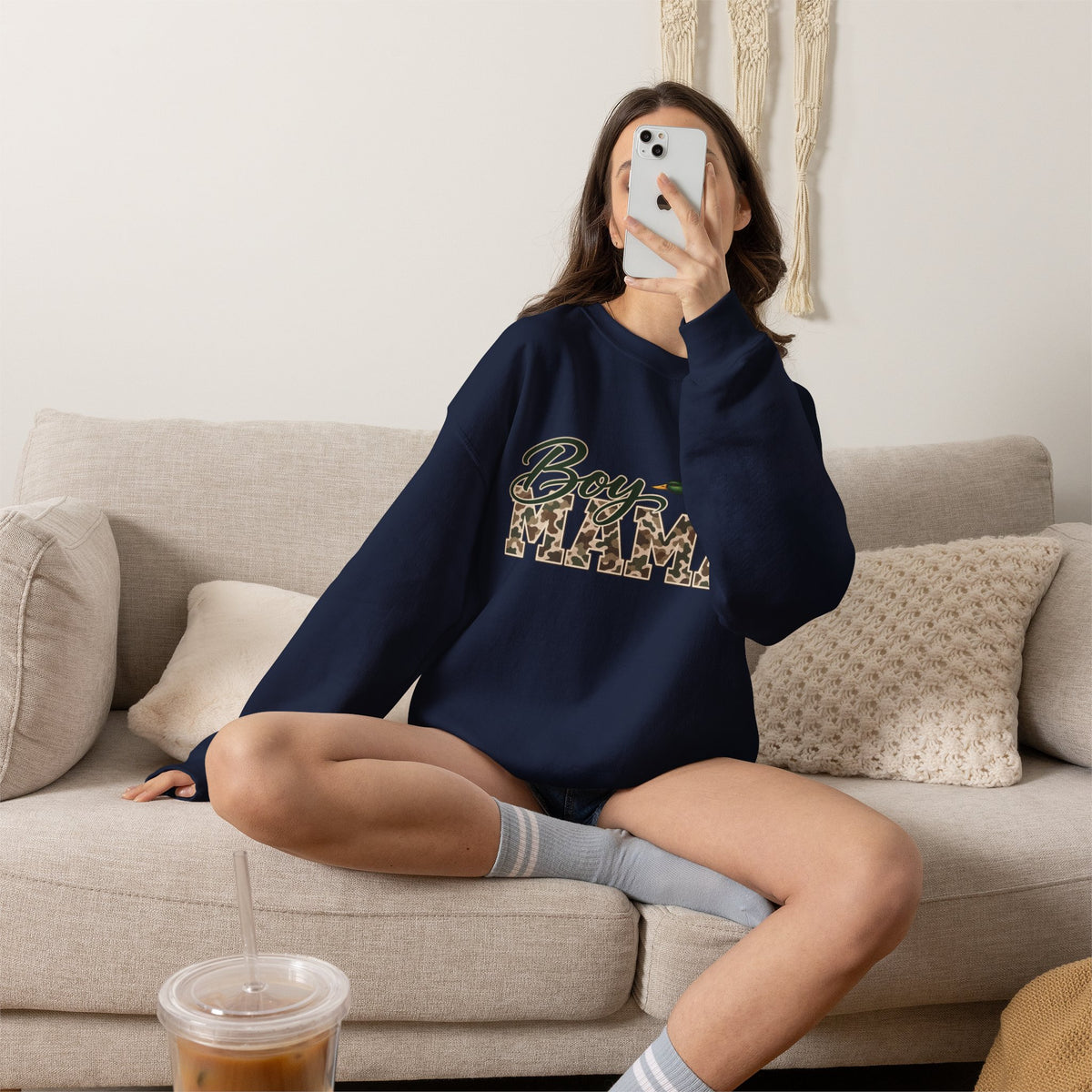 Boy Mama Crewneck Sweatshirt — Camo Lettering with Flying Duck