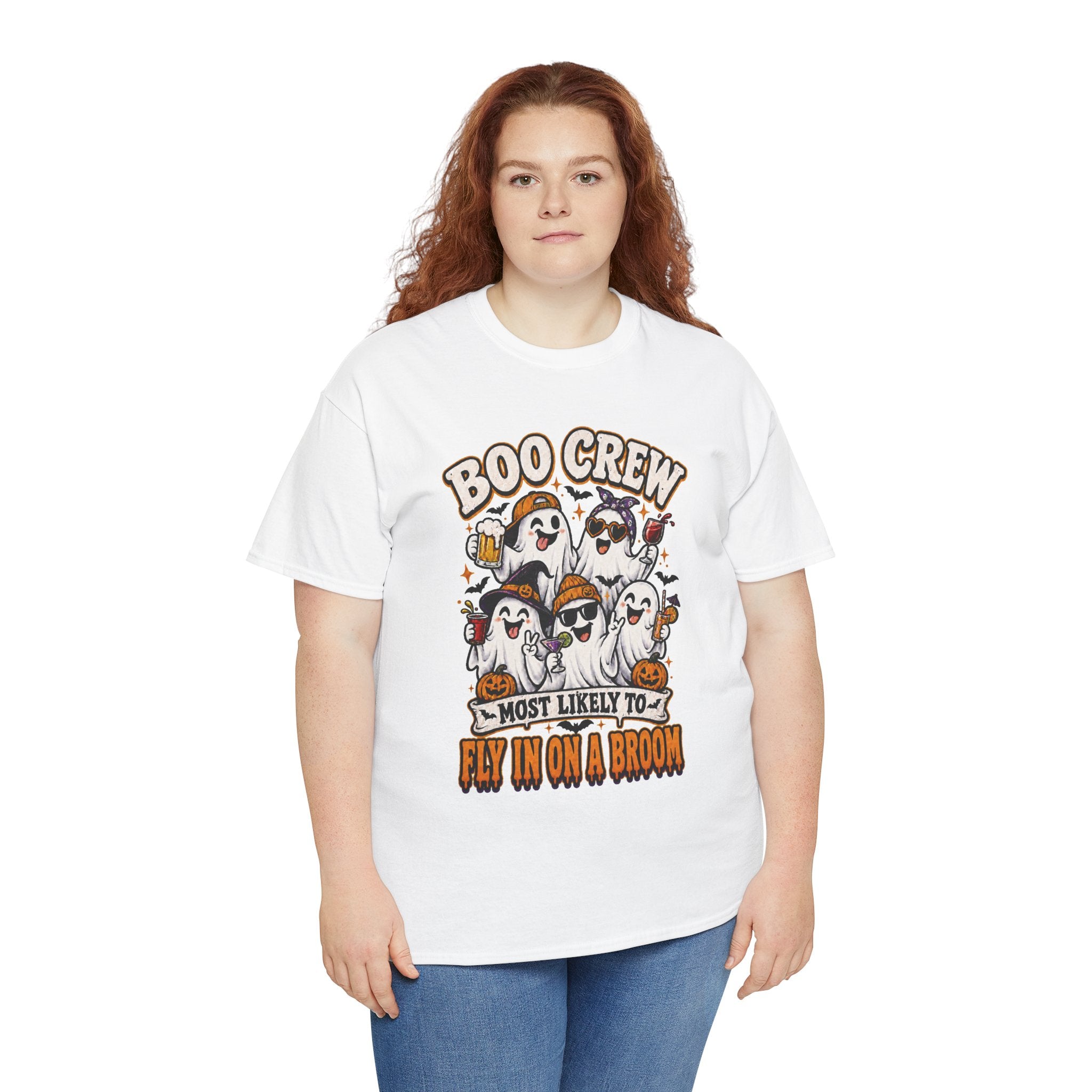 Boo Crew T-Shirt — “Most Likely to Fly on a Broom” Halloween Ghost Tee