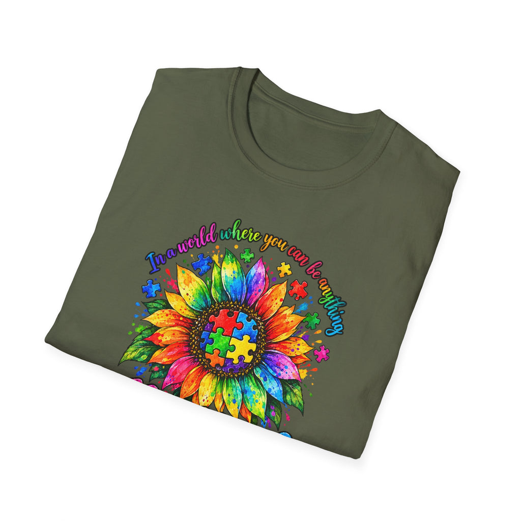 Autism Awareness Sunflower T-Shirt — 'Be Kind' Rainbow Puzzle Design