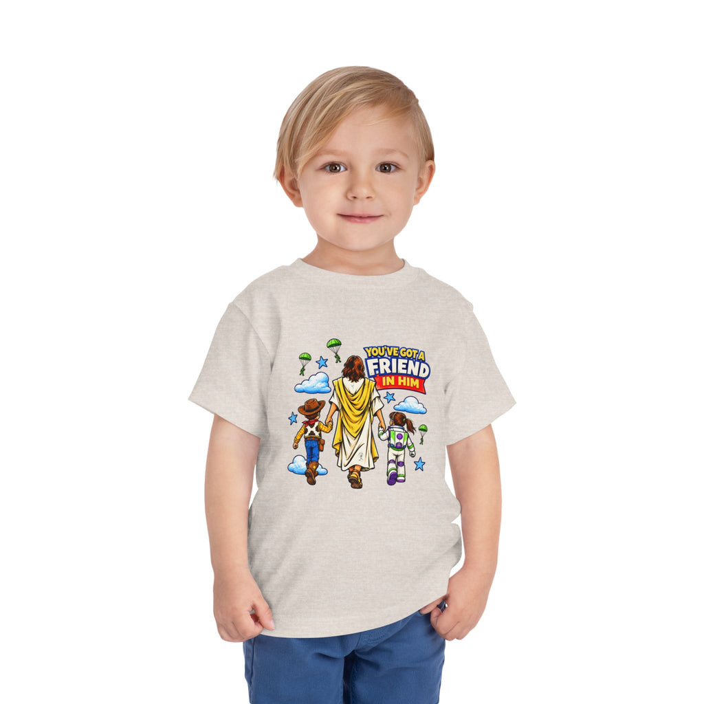 Toddler Tee — "You’ve Got a Friend in Him" Cartoon Faith & Toy Heroes Shirt