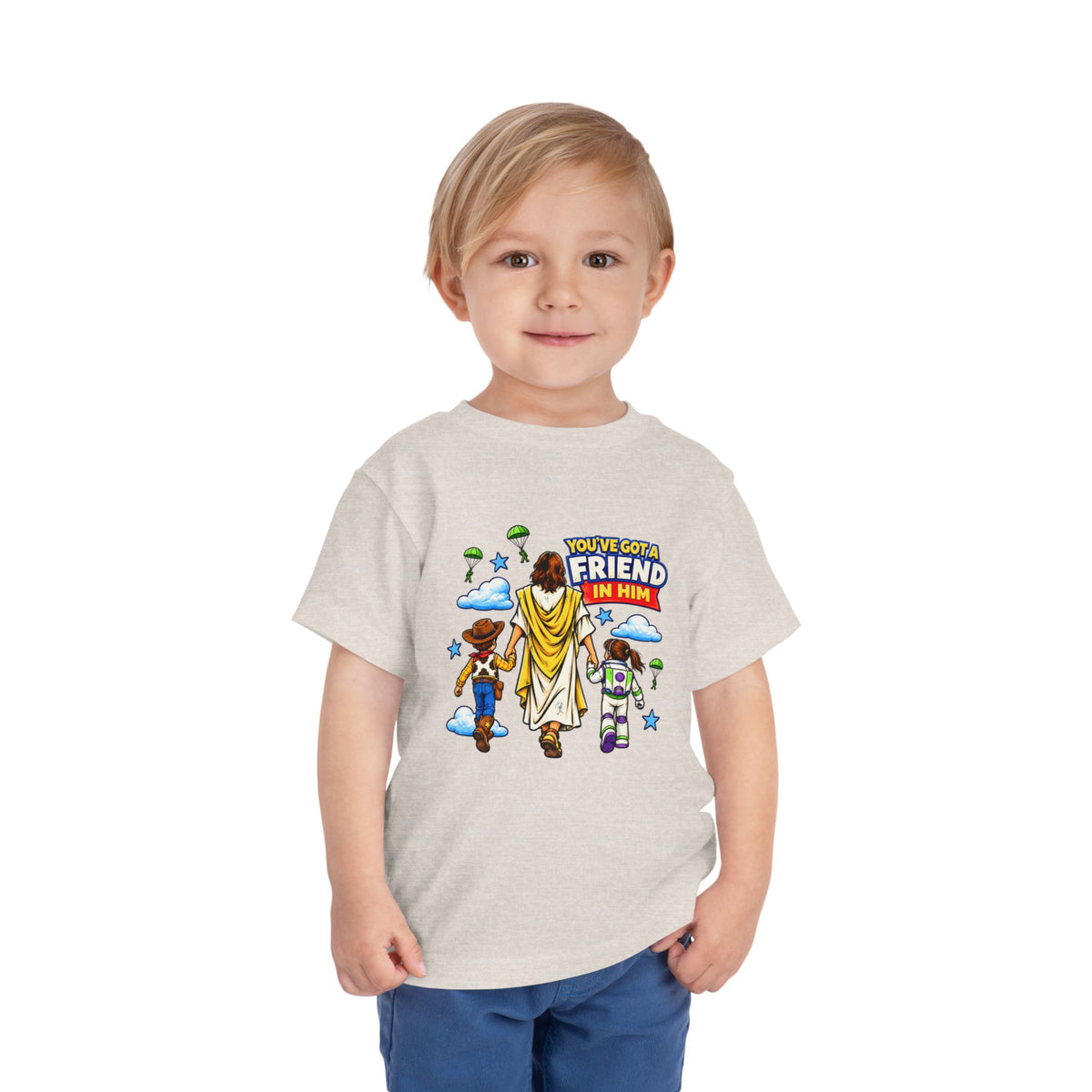 Toddler Tee — "You’ve Got a Friend in Him" Cartoon Faith & Toy Heroes Shirt