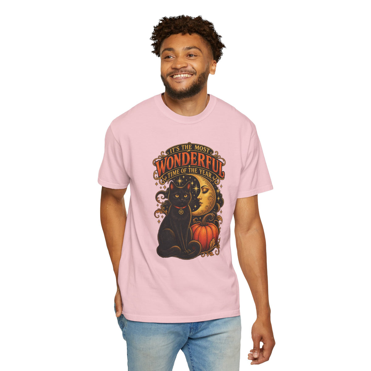 T-Shirt — "It's the Most Wonderful Time of the Year" Halloween Black Cat & Pumpkin