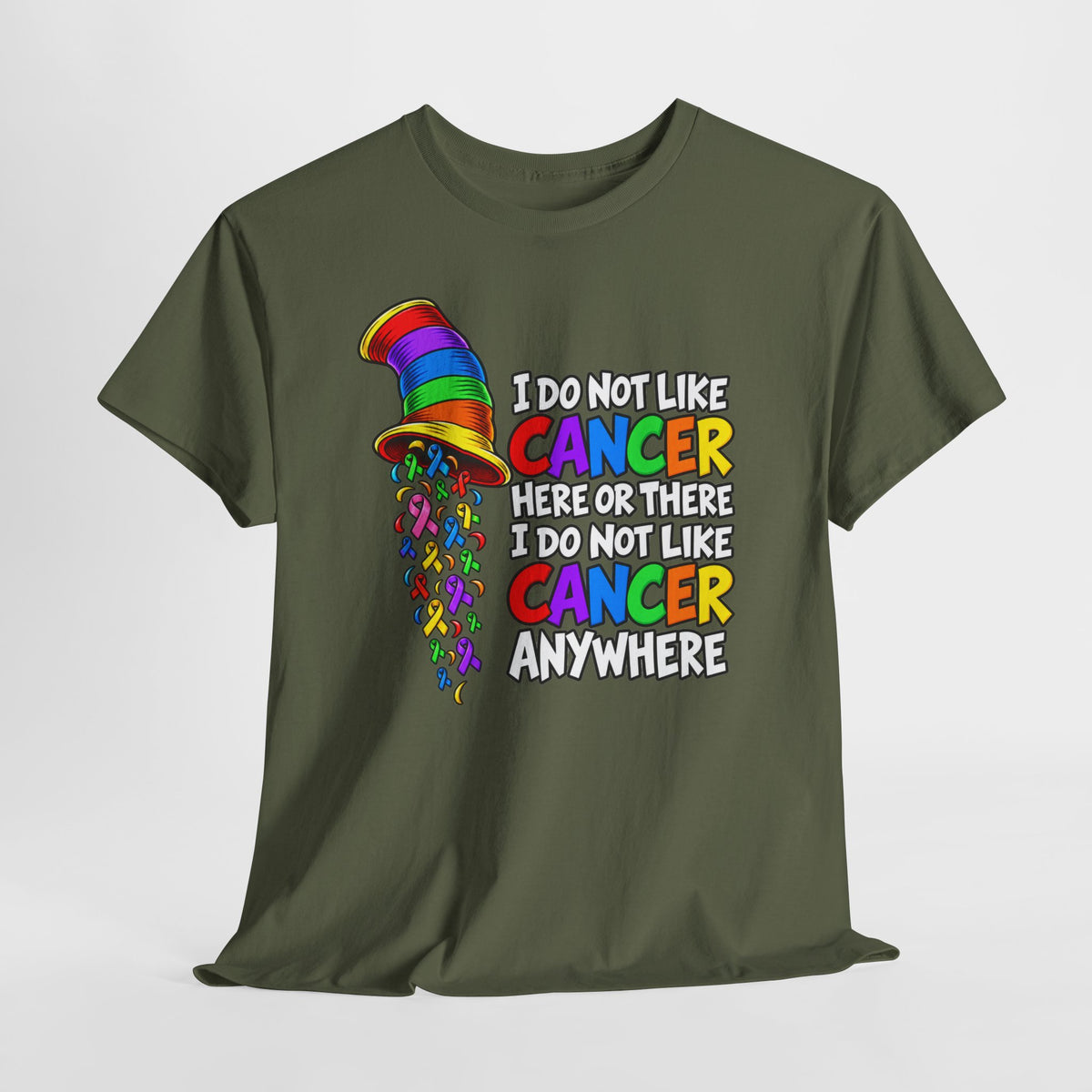 Cancer Awareness T-Shirt — “I Do Not Like Cancer Here or There” Rainbow Ribbon Tee