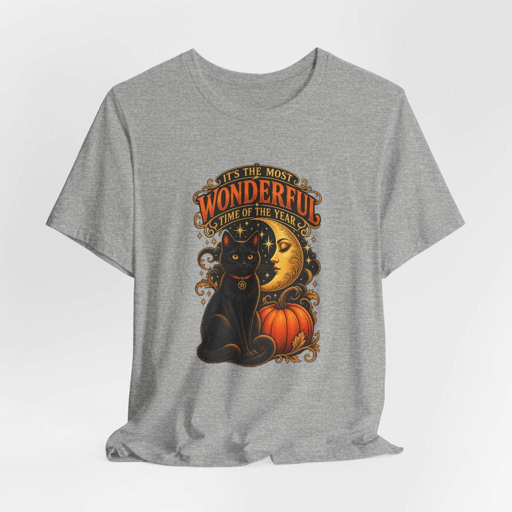 Halloween Cat Tee — "It's the Most Wonderful Time of the Year" Pumpkin & Moon Shirt