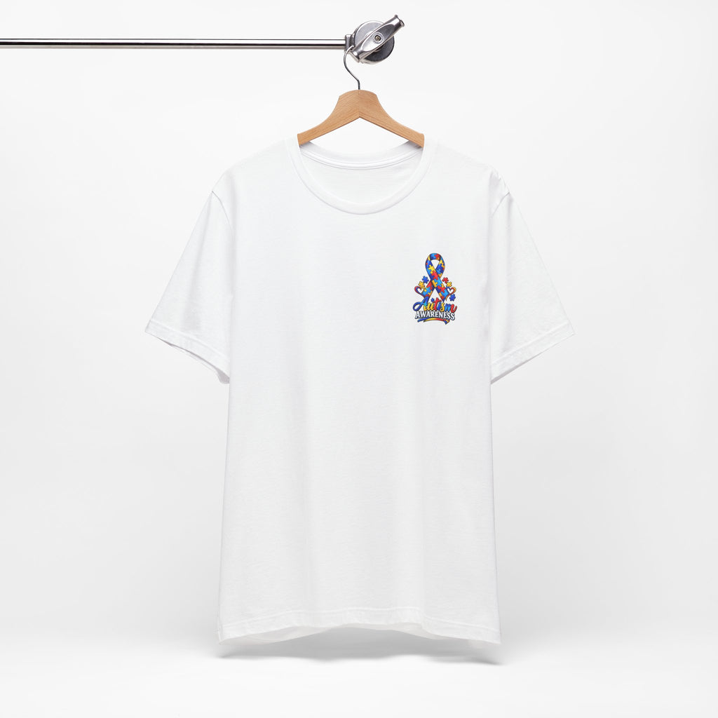 Autism Awareness Ribbon Chest Tee — 'Different, Not Less' Short Sleeve T-Shirt