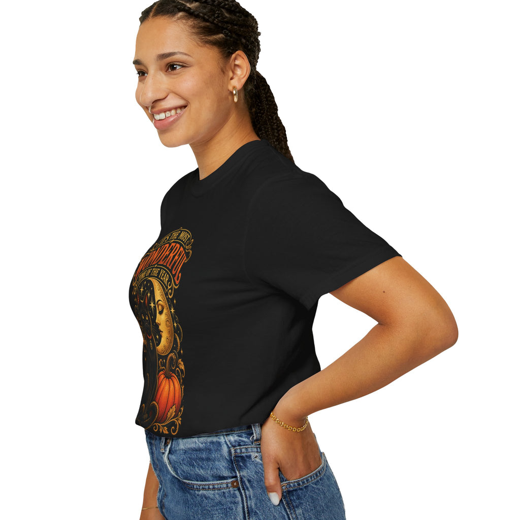 T-Shirt — "It's the Most Wonderful Time of the Year" Halloween Black Cat & Pumpkin