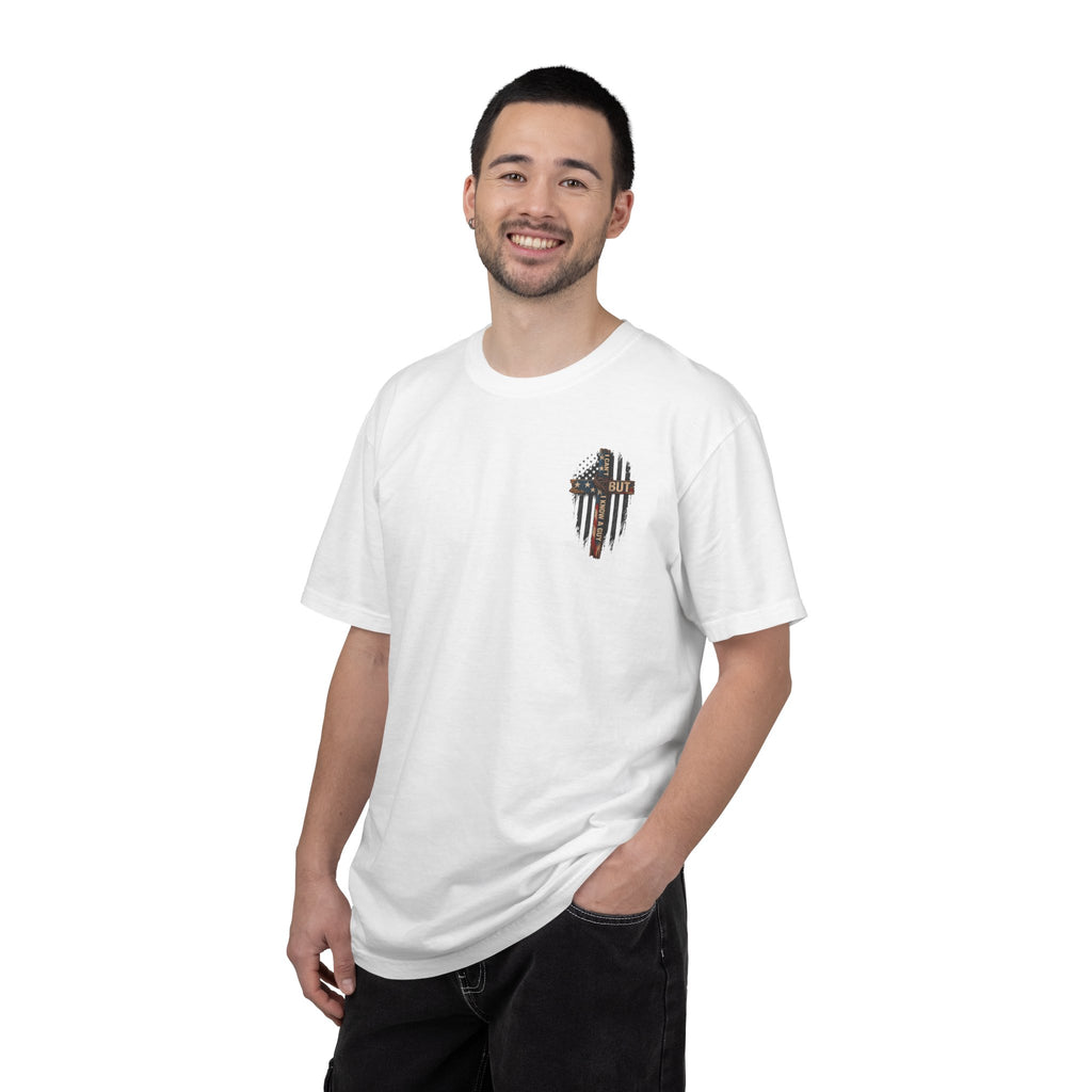 T-Shirt — 'I Can't But I Know A Guy' American Flag Cross Graphic
