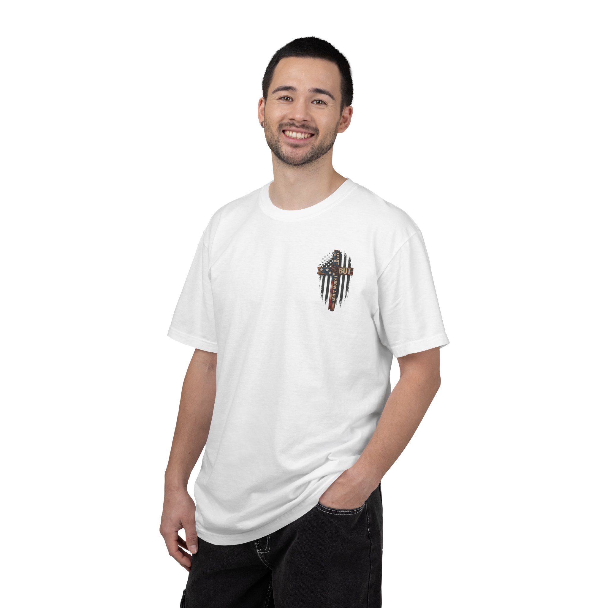 T-Shirt — 'I Can't But I Know A Guy' American Flag Cross Graphic
