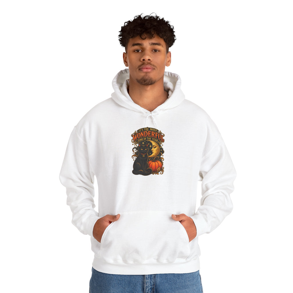 Halloween Black Cat Moon Hoodie – Vintage Pumpkin & Crescent Moon Fall Sweatshirt